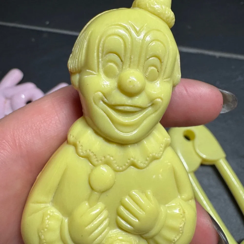 RARE 50s Vintage Celluloid Plastic Baby Rattles‎ Set of 3 Pink Safety Pin Clown